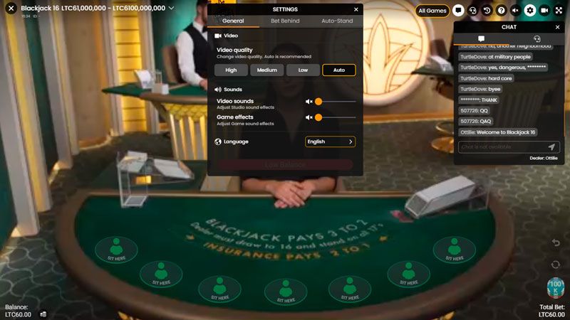 live Dealer Blackjack - Einstellungsfenster